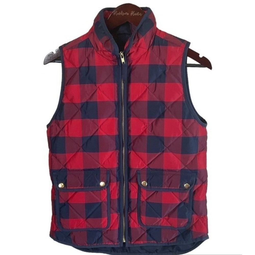 J Crew Navy Red Buffalo Plaid Quilted Puffer Vest XS Womens Zip Front Outdoor U